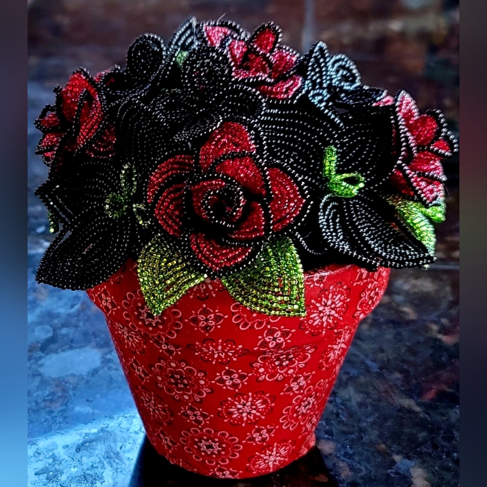 Decoupage Bandana Pot filled with French Beaded Flowers